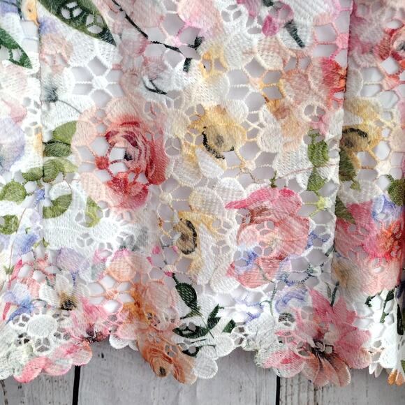 Boston Proper NEW Garden Floral Lace Fitted Bodice Puff Slv V-Neck Blouse Medium - Picture 5 of 15